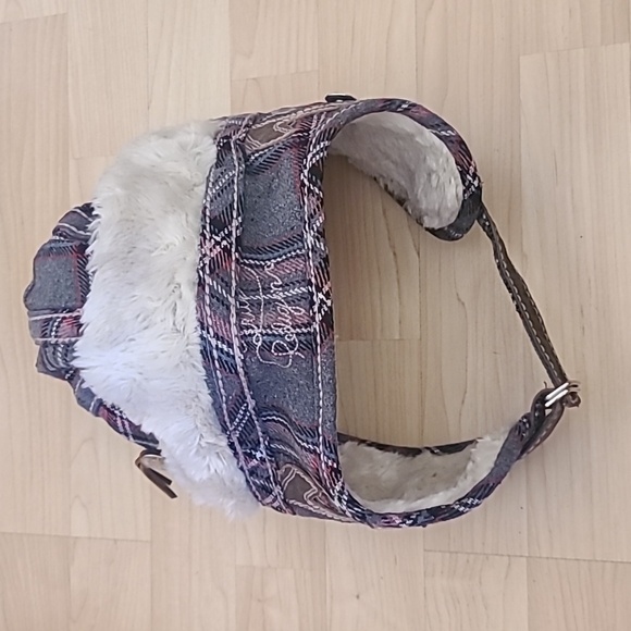 TRUE RELIGION TRAPPER HAT Cap Lined Plaid Faux Fur RED Gray S/M - Picture 4 of 6